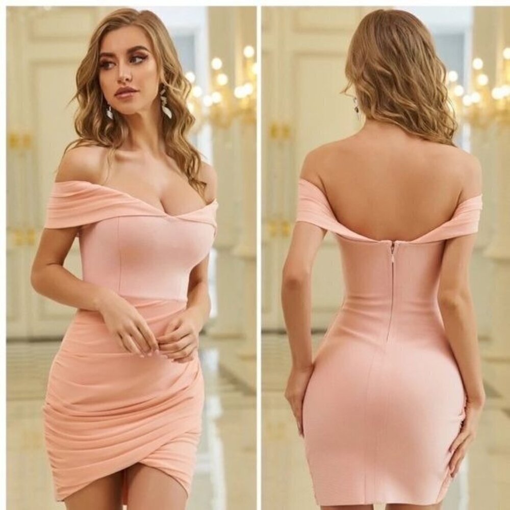 pink off shoulder bodycon dress drop shoulder event party dress ruched front
